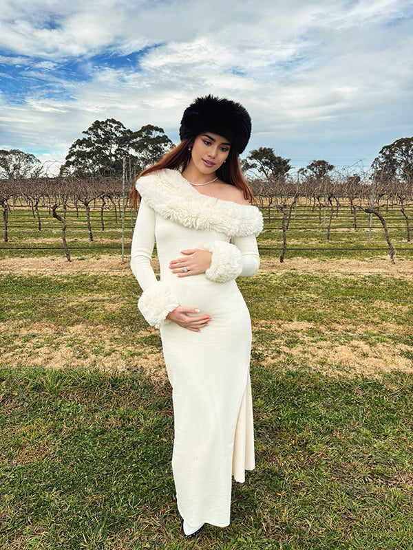 Beaumama robe longue grossesse élégant chic poilu fendu le côté épaule dénudée moulante femme enceinte