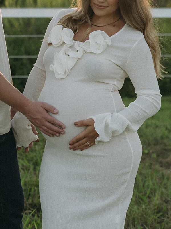Beaumama robe shooting longue grossesse vacances chic volants fente dans le dos moulante femme enceinte