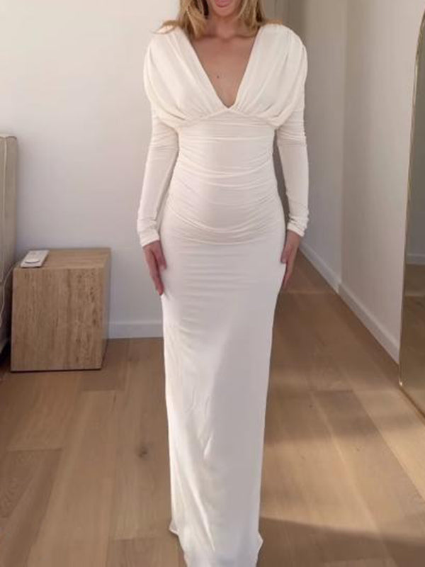 Beaumama robe longue grossesse élégant chic cocktail moulante plissé décolleté plongeant femme enceinte
