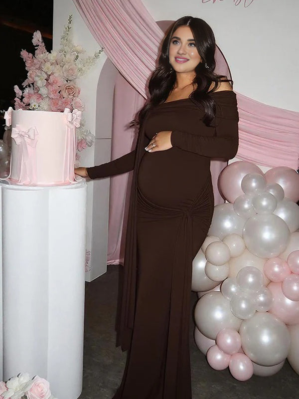 Beaumama robe longue grossesse élégant chic épaule dénudée nœud irrégulier ruban femme enceinte