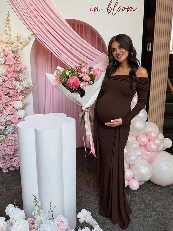 Beaumama robe longue grossesse élégant chic épaule dénudée nœud irrégulier ruban femme enceinte