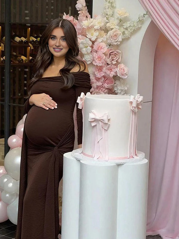 Beaumama robe longue grossesse élégant chic épaule dénudée nœud irrégulier ruban femme enceinte