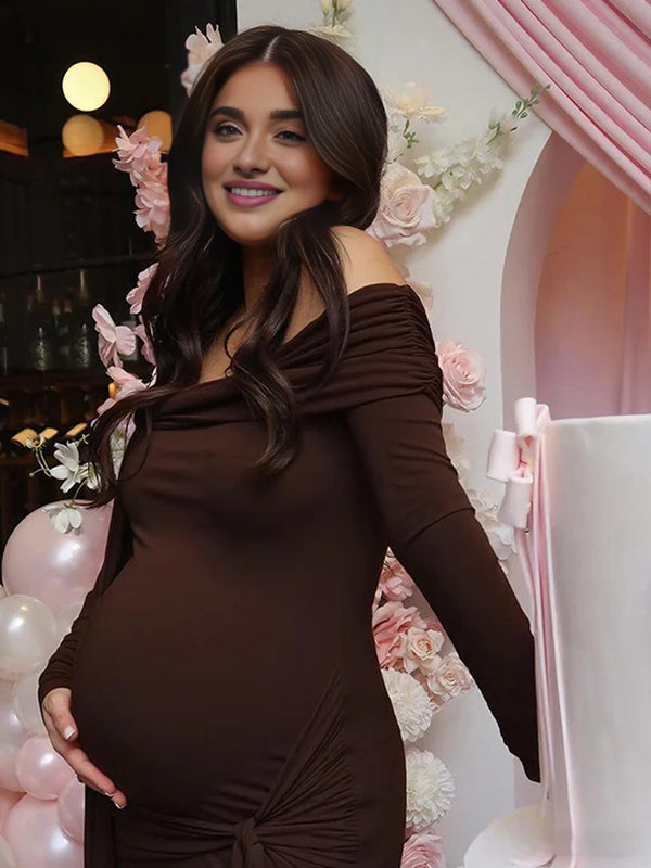 Beaumama robe longue grossesse élégant chic épaule dénudée nœud irrégulier ruban femme enceinte