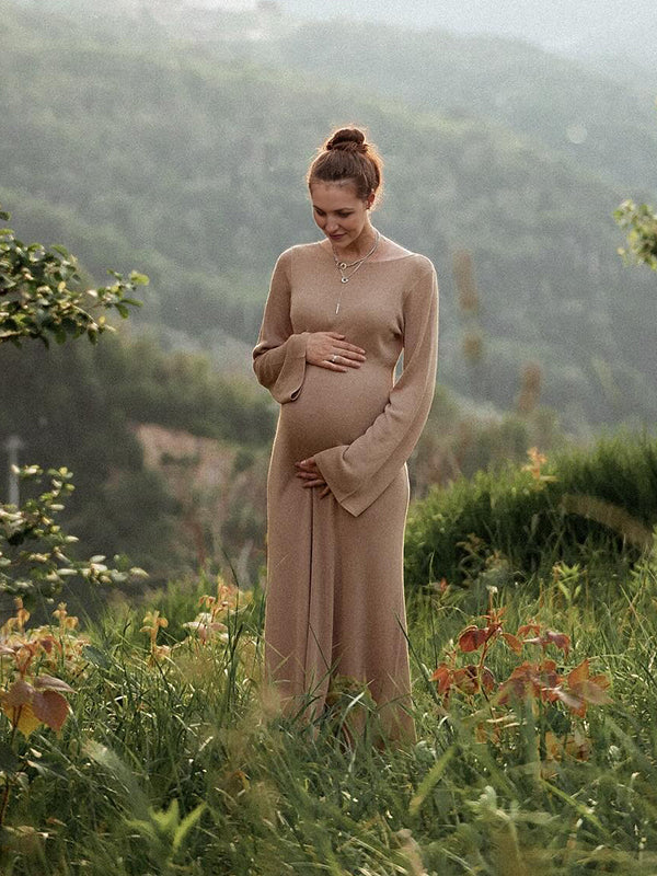 Beaumama robe shooting longue grossesse vacances chic dos nu manches trompette femme enceinte