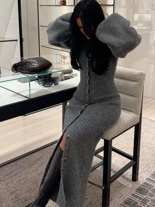 Beaumama robe pulls longue grossesse casual chic crochet tricot boutonnage manchon de lanterne femme enceinte