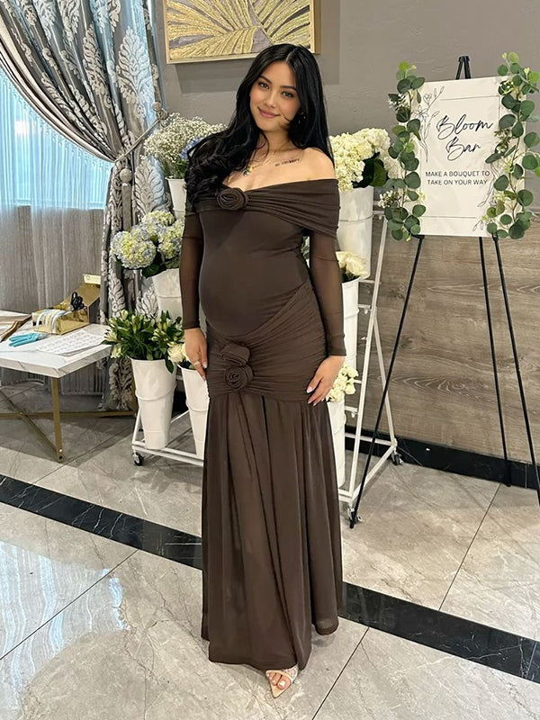 Beaumama robe longue grossesse élégant chic cérémonie 3D fleurie épaule dénudée plissé sirene moulante femme enceinte
