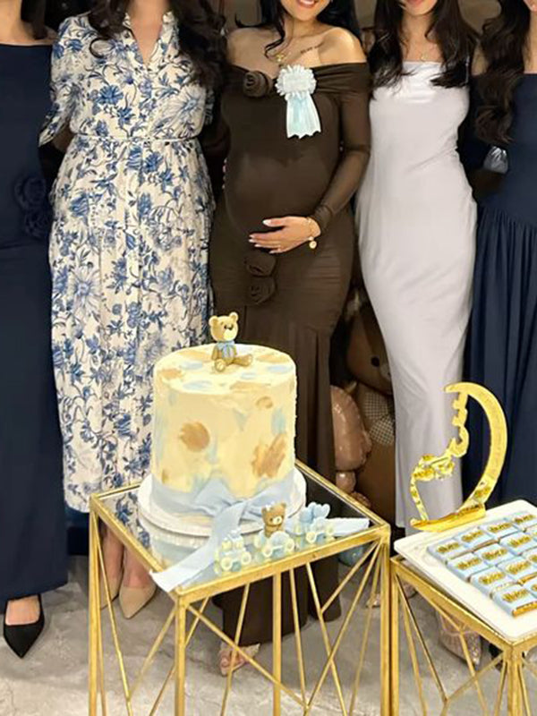 Beaumama robe longue grossesse élégant chic cérémonie 3D fleurie épaule dénudée plissé sirene moulante femme enceinte