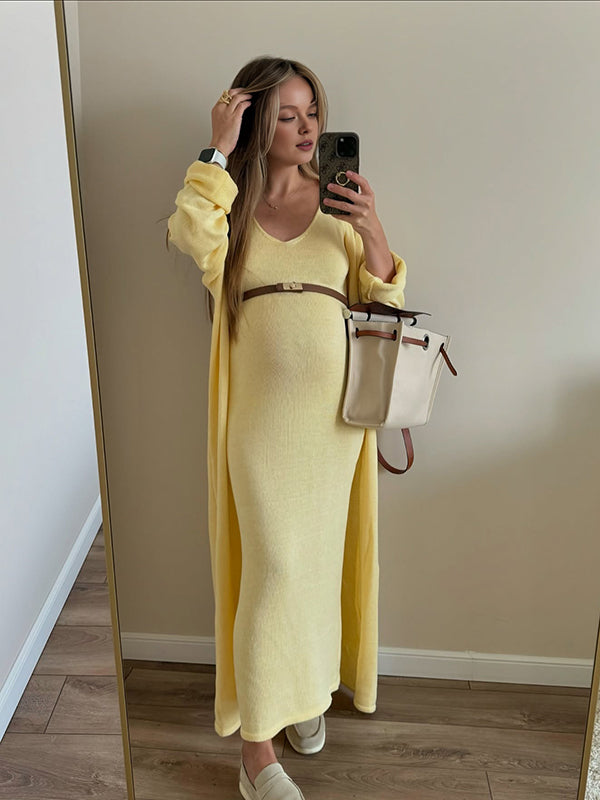 Beaumama robe longue gilets en maille grossesse élégant costume deux pièces crochet tricot femme enceinte