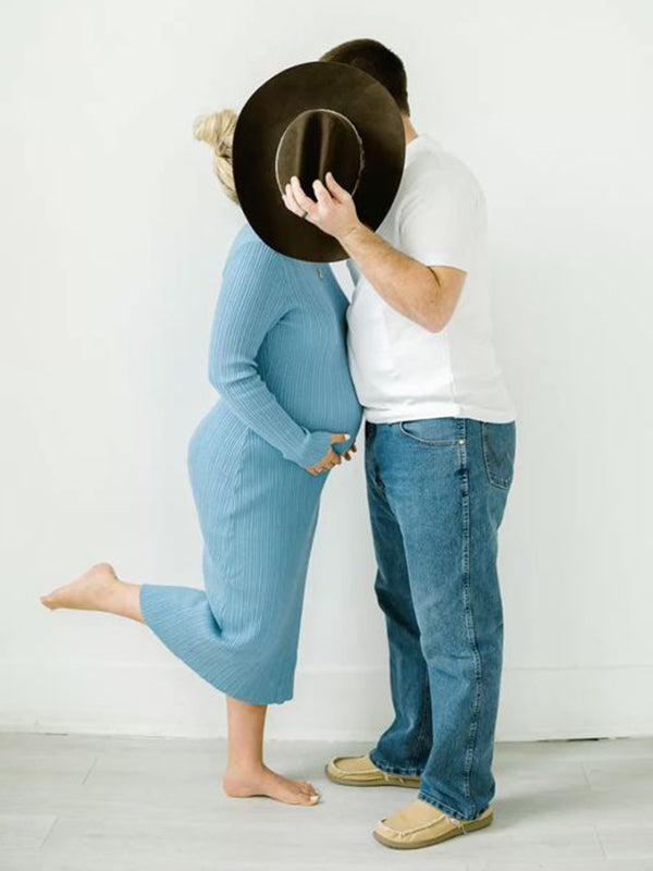 Beaumama robe longue grossesse élégant chic rayé plissé moulante shooting femme enceinte