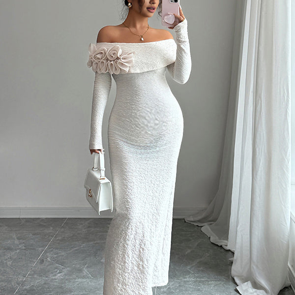 Beaumama robe longue grossesse élégant chic cocktail épaule dénudée 3D fleurie moulante sirene femme enceinte