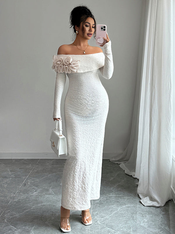 Beaumama robe longue grossesse élégant chic cocktail épaule dénudée 3D fleurie moulante sirene femme enceinte