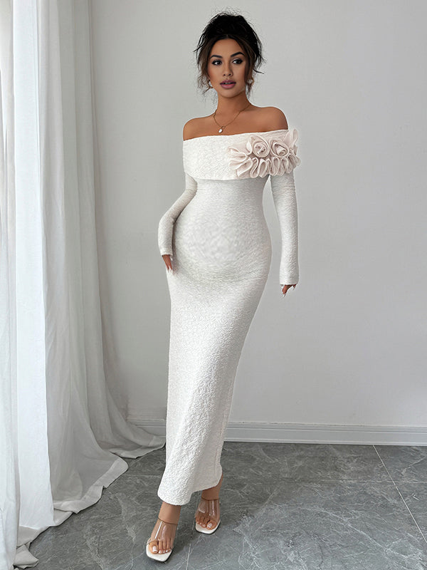 Beaumama robe longue grossesse élégant chic cocktail épaule dénudée 3D fleurie moulante sirene femme enceinte