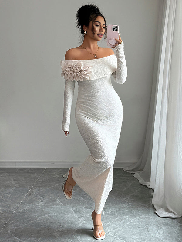 Beaumama robe longue grossesse élégant chic cocktail épaule dénudée 3D fleurie moulante sirene femme enceinte