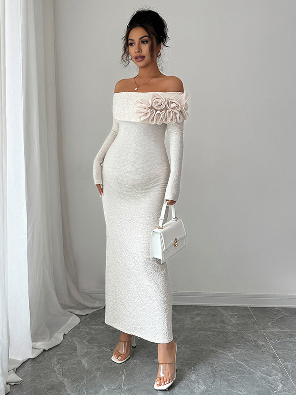 Beaumama robe longue grossesse élégant chic cocktail épaule dénudée 3D fleurie moulante sirene femme enceinte
