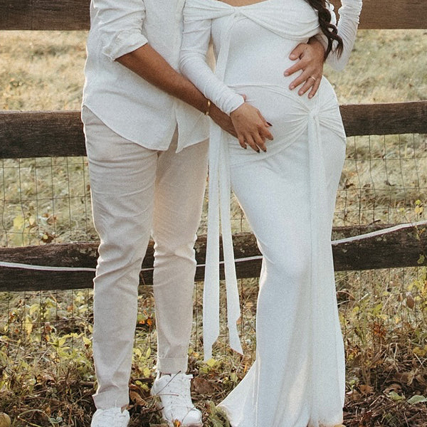 Beaumama robe shooting longue grossesse élégant chic épaule dénudée nœud ruban fente dos femme enceinte