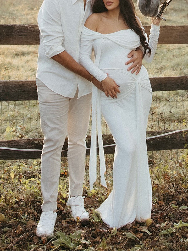 Beaumama robe shooting longue grossesse élégant chic épaule dénudée nœud ruban fente dos femme enceinte