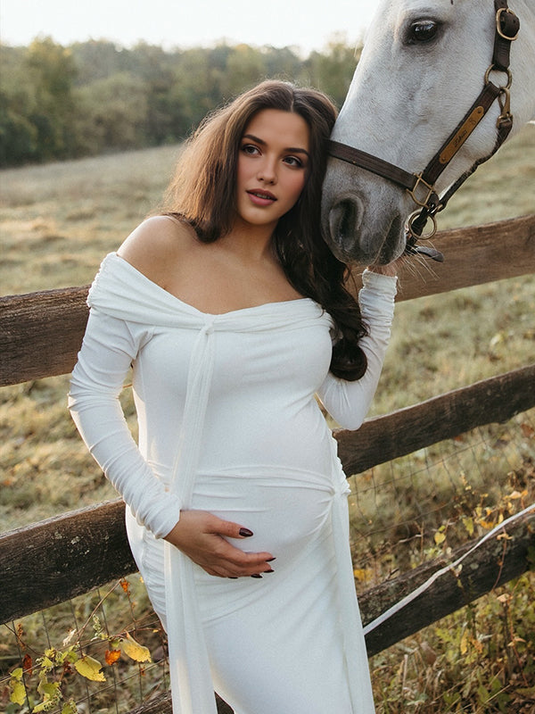 Beaumama robe shooting longue grossesse élégant chic épaule dénudée nœud ruban fente dos femme enceinte