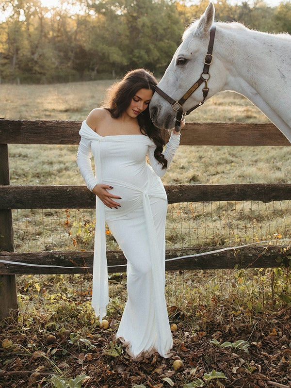 Beaumama robe shooting longue grossesse élégant chic épaule dénudée nœud ruban fente dos femme enceinte