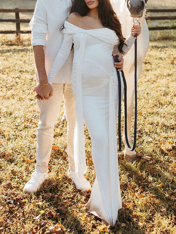 Beaumama robe shooting longue grossesse élégant chic épaule dénudée nœud ruban fente dos femme enceinte