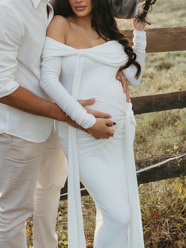 Beaumama robe shooting longue grossesse élégant chic épaule dénudée nœud ruban fente dos femme enceinte