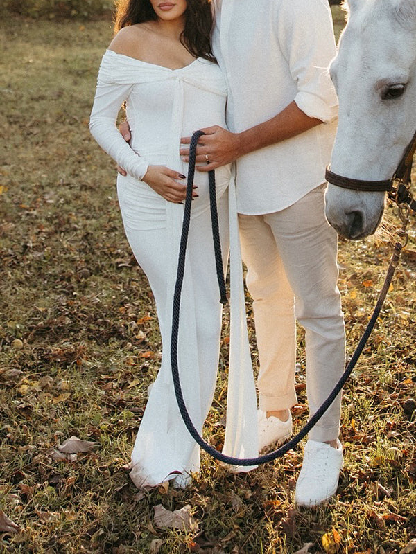 Beaumama robe shooting longue grossesse élégant chic épaule dénudée nœud ruban fente dos femme enceinte