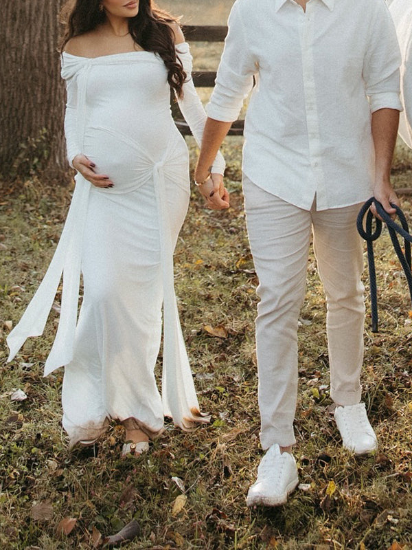 Beaumama robe shooting longue grossesse élégant chic épaule dénudée nœud ruban fente dos femme enceinte