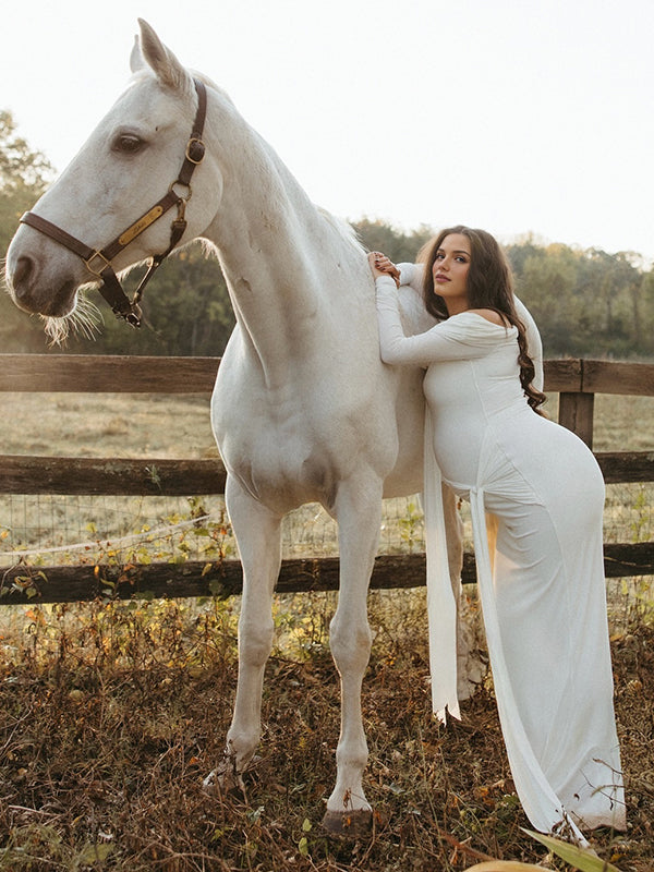 Beaumama robe shooting longue grossesse élégant chic épaule dénudée nœud ruban fente dos femme enceinte