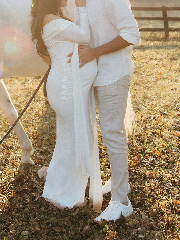 Beaumama robe shooting longue grossesse élégant chic épaule dénudée nœud ruban fente dos femme enceinte