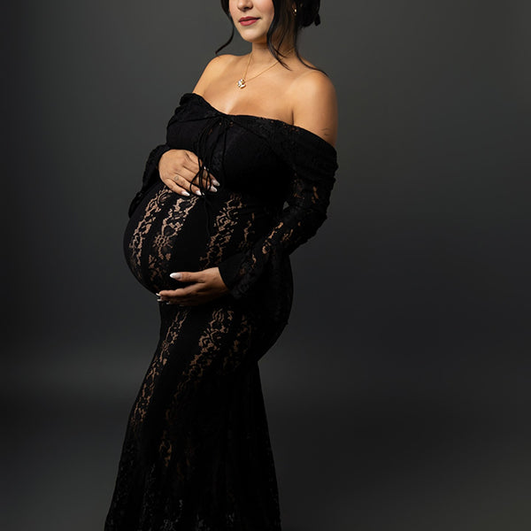 Beaumama robe shooting longue grossesse élégant chic épaule dénudée dentelle volants sirene femme enceinte