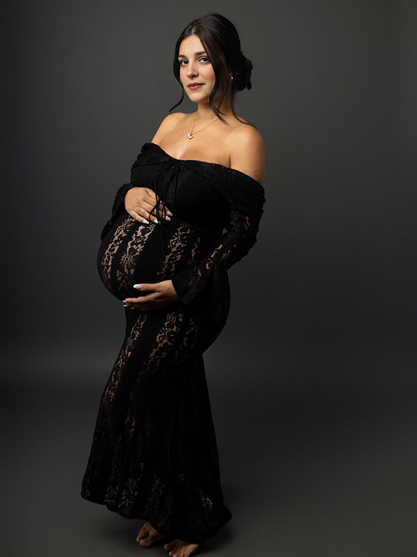 Beaumama robe shooting longue grossesse élégant chic épaule dénudée dentelle volants sirene femme enceinte