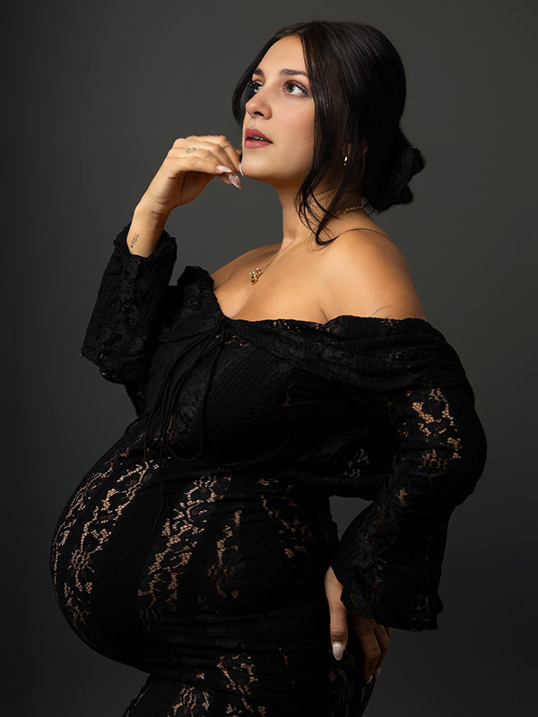 Beaumama robe shooting longue grossesse élégant chic épaule dénudée dentelle volants sirene femme enceinte