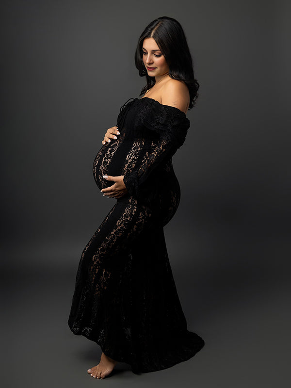 Beaumama robe shooting longue grossesse élégant chic épaule dénudée dentelle volants sirene femme enceinte