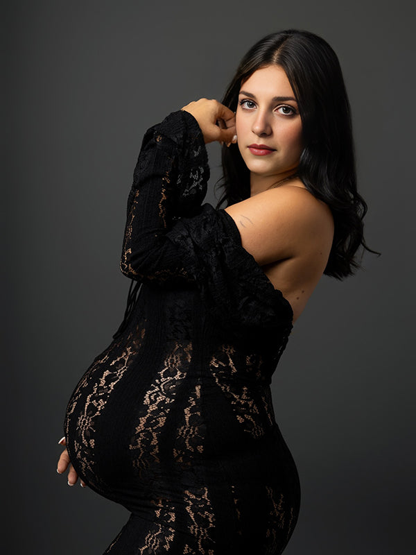 Beaumama robe shooting longue grossesse élégant chic épaule dénudée dentelle volants sirene femme enceinte