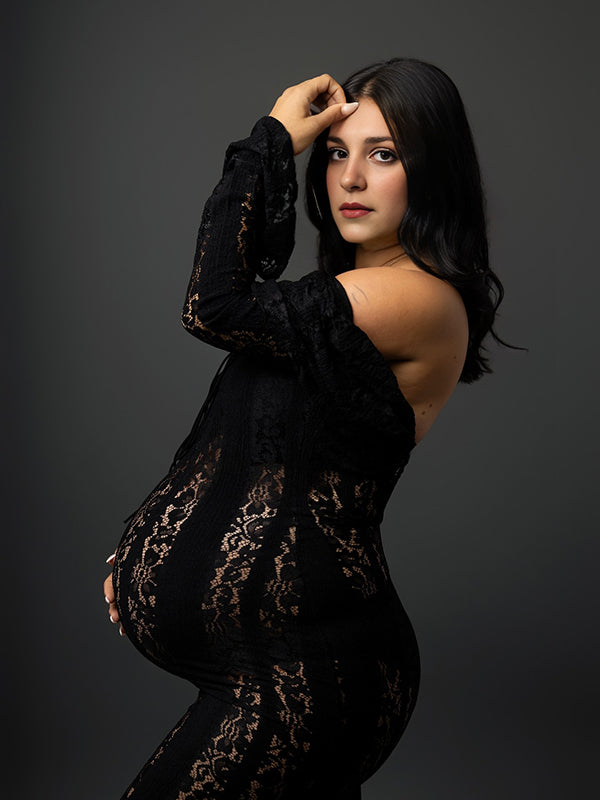 Beaumama robe shooting longue grossesse élégant chic épaule dénudée dentelle volants sirene femme enceinte