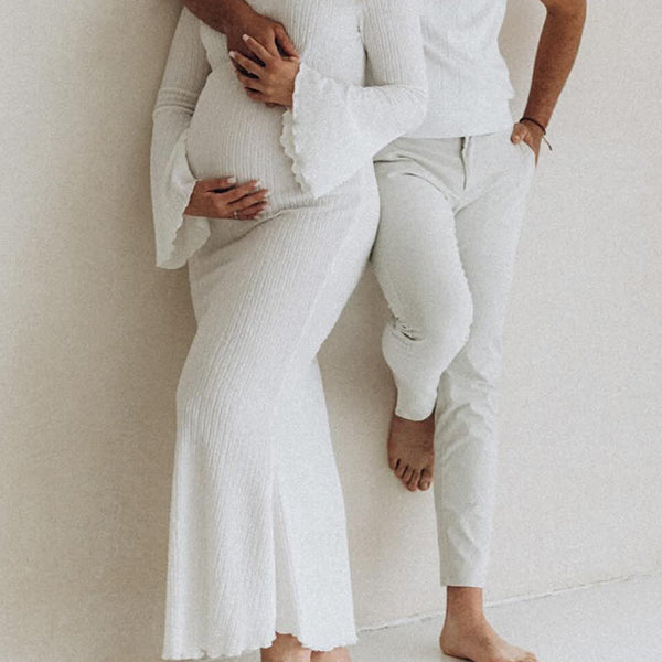 Beaumama robe shooting longue grossesse élégant chic moulante plissé sirene manches trompette femme enceinte