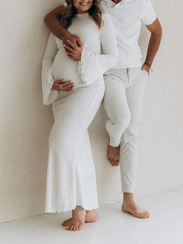 Beaumama robe shooting longue grossesse élégant chic moulante plissé sirene manches trompette femme enceinte