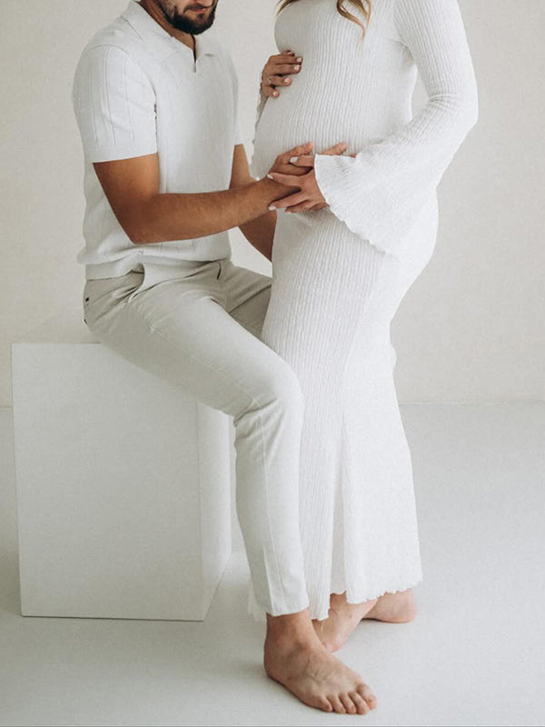 Beaumama robe shooting longue grossesse élégant chic moulante plissé sirene manches trompette femme enceinte