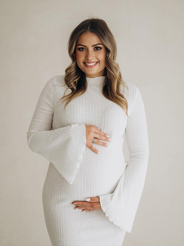 Beaumama robe shooting longue grossesse élégant chic moulante plissé sirene manches trompette femme enceinte