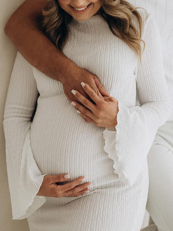 Beaumama robe shooting longue grossesse élégant chic moulante plissé sirene manches trompette femme enceinte