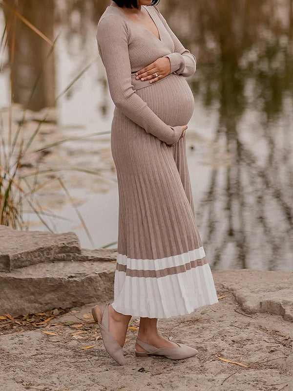 Beaumama robe pull longue grossesse élégant chic plissé couleur bloc femme enceinte