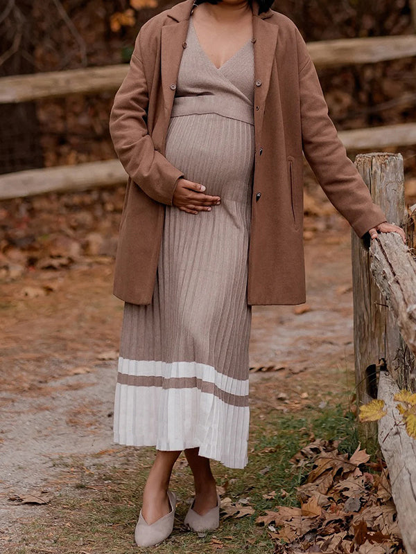 Beaumama robe pull longue grossesse élégant chic plissé couleur bloc femme enceinte