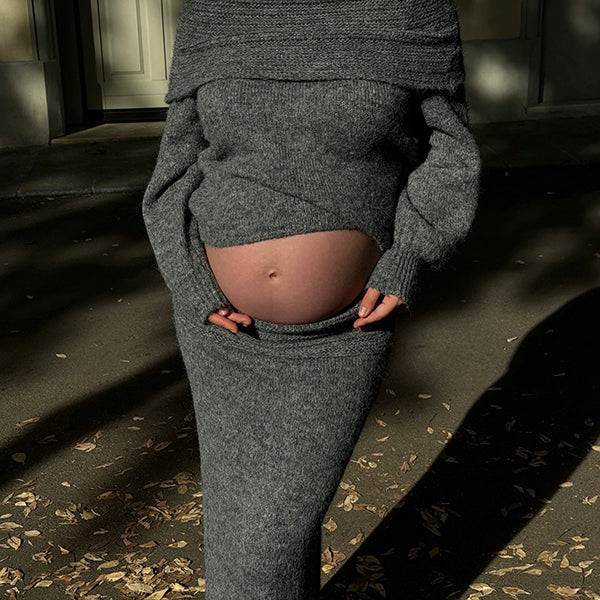 Beaumama robe pull longue grossesse élégant chic 2 pièces crochet tricot épaule dénudée sirene femme enceinte