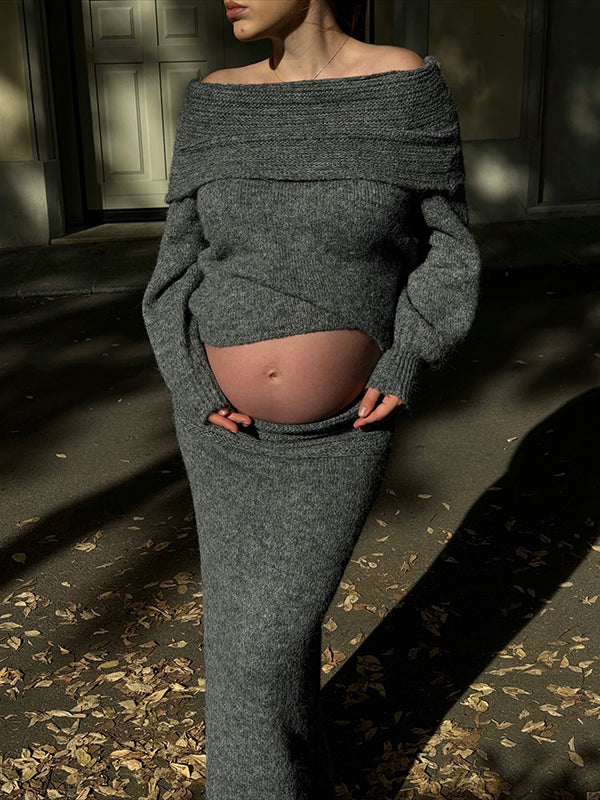 Beaumama robe pull longue grossesse élégant chic 2 pièces crochet tricot épaule dénudée sirene femme enceinte