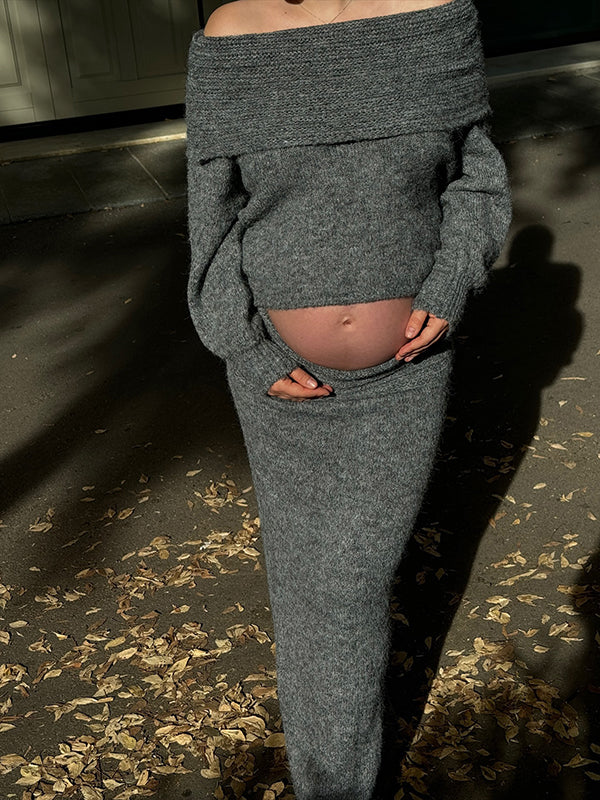 Beaumama robe pull longue grossesse élégant chic 2 pièces crochet tricot épaule dénudée sirene femme enceinte