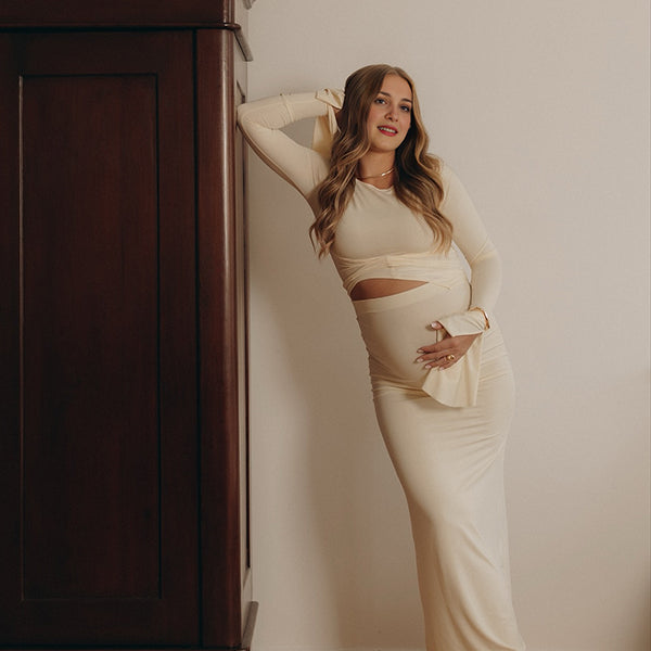 Beaumama robe shooting longue grossesse élégant chic 2 pièces volants irrégulier moulante femme enceinte