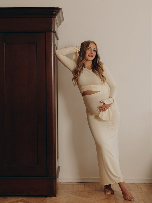 Beaumama robe shooting longue grossesse élégant chic 2 pièces volants irrégulier moulante femme enceinte