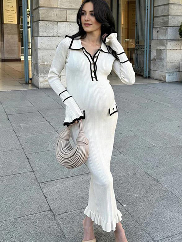 Beaumama robe longue grossesse élégant travail volants boutonnage moulante poches femme enceinte