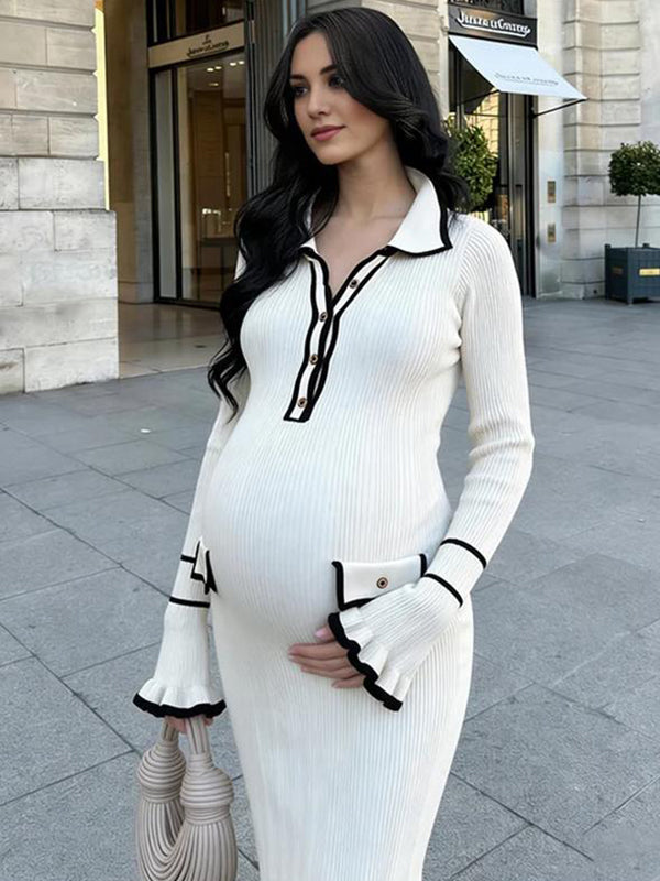 Beaumama robe longue grossesse élégant travail volants boutonnage moulante poches femme enceinte