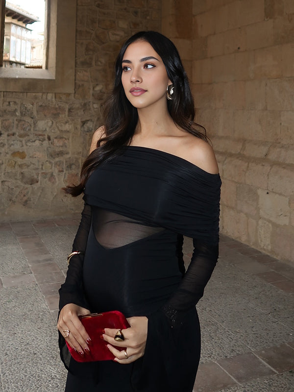 Beaumama robes moulante longue grossesse chic cocktail épaule dénudée tulle épissage transparent manches évasées femme enceinte