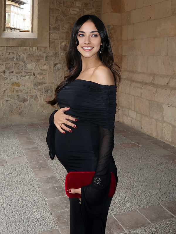 Beaumama robes moulante longue grossesse chic cocktail épaule dénudée tulle épissage transparent manches évasées femme enceinte